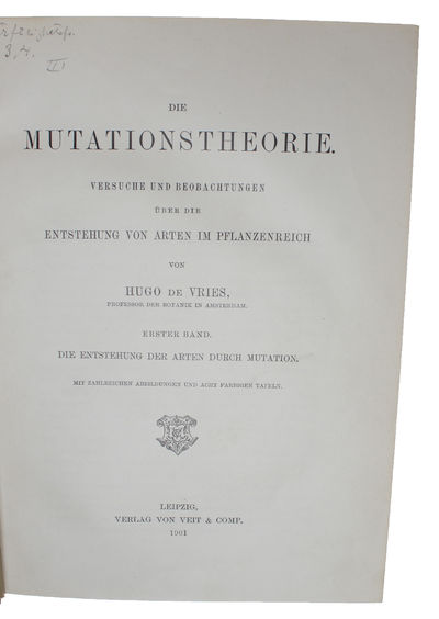 Die Mutationstheorie. Versuche und Beobachtungen über die Entstehung von Arten im Pflanzenreich. 2 Bde. (1. Die Entstehung der Arten durch Mutation. 2. Elementare Bastardlehre). (photo 2)