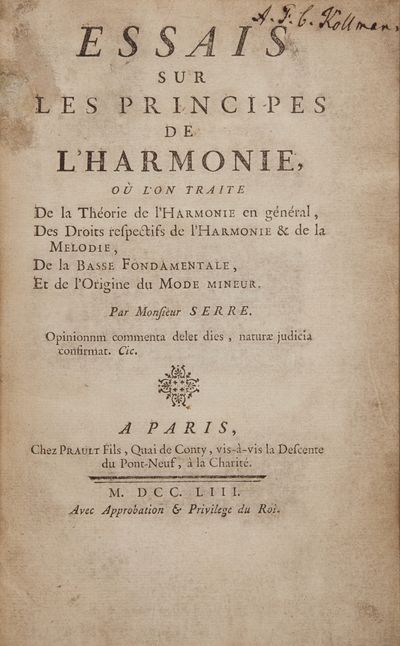 Essais sur les Principes de l'Harmonie, où l'on Traite de la Théorie de l'Harmonie en général, des Droits respectifs de l'Harmonie & de la Melodie, de la Basse Fondamentale, et de l'Origine du Mode mineur