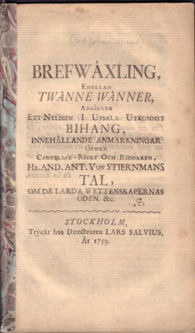 Brefwäxling, emellan twänne wänner, angående ett…