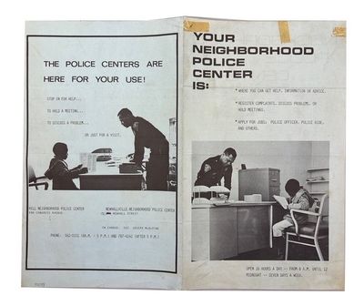 Your Neighborhood Police Center Is: Where you can get help, Information or Advice. Register Complaints Discuss Problems, or Hold Meetings. Apply for Jobs: Police Officer, Police Aide, and Others. Open 16 hours a Day - From 8 A.M. Until 12 Midnight - Seven Days A Week
