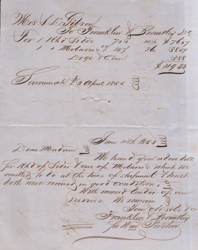 1853 Savannah, Ga. Receipt from Franklin & Brantley written to Mrs. S. L. Gibson for Molasses and Corn