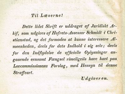 af eensomt Fængsel, ifølge oficielle Meddelelser anvendes i de norske Fæstninger, og ved Corrections-Indretningerne i Stockholm, samt denne Strafs Virkning i moralsk og physisk Henseende. Et Bilag til Lovkommissionens Udkast til en Lov for Kongeriket Norge angaaende Forbrydelser. [Uddrag af Juridisk Arkiv.] (photo 3)