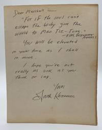 Letter handwritten and signed by Jack Kerouac, containing a quote from "Desolation...