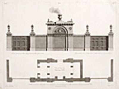 Elevation and Plans of the Gateway and Porter's Lodge of Ashburnham House in Dover Street