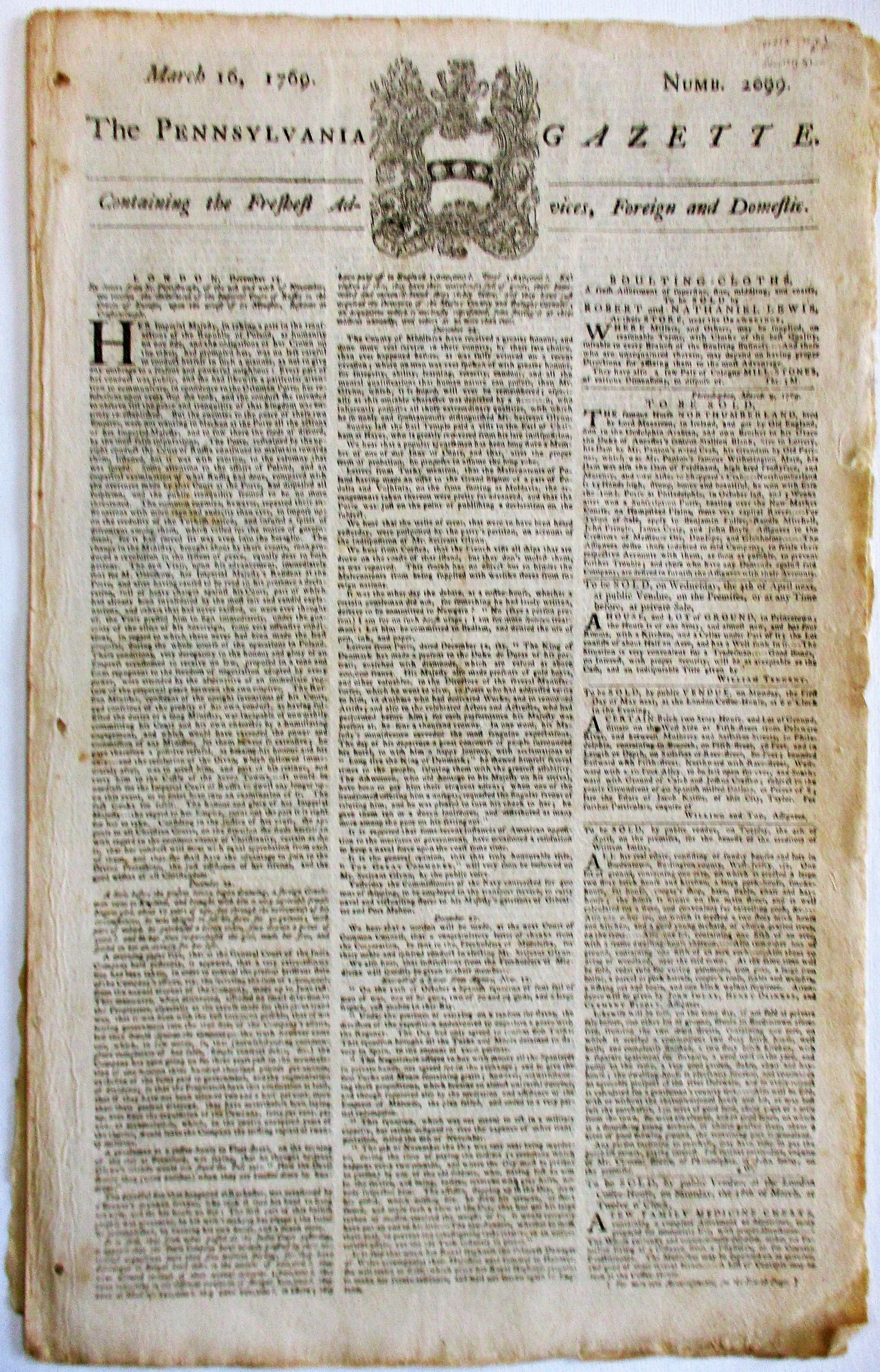 The Pennsylvania Gazette Containing The Freshest Advices Foreign And Domestic March 16 1769 Numb 99 By American Revolution 1769 From David M Lesser Fine Antiquarian Books Llc Sku