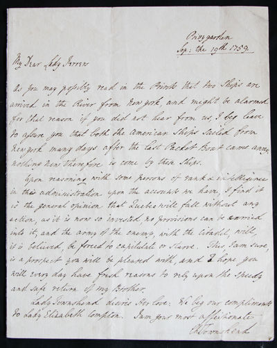 Autograph Letter Signed to Lady Charlotte Ferrers wife of his older brother George Townshend, September 19, 1759