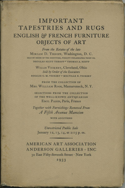Important Tapestries of Brussels, Flemish Renaissance and Gobelins Weaves. English and French furniture, Kirman & Persian silk carpets; Together with Other Important Oriental rugs. Sale 4014. January 12, 13, 14, 1933