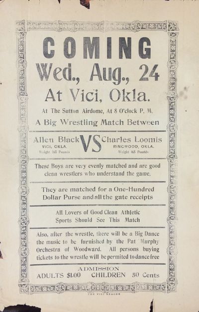 Coming Wed Aug 24 At Vici Okla At The Sutton Airdome At 8 O Clock P M A Big Wrestling Match Between Allen Black Vs Charles Loomis By Search For Rare Books Abaa