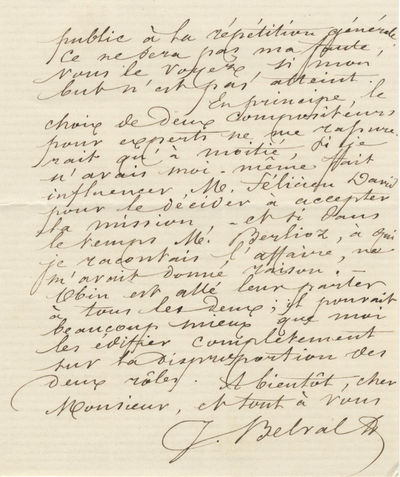Autograph letter signed "J. Belval" to unidentified correspondent