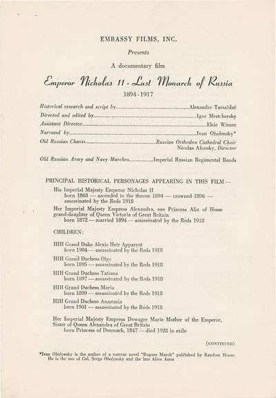 Emperor Nicholas II: Last Monarch of Russia 1894-1917 (Original program for two 1964 screenings of the 1954 film at the Crystal Ballroom at the Delmonico Hotel)