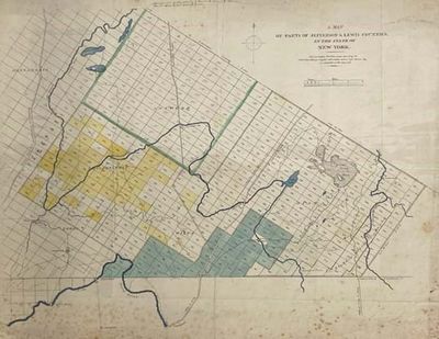 A Map of Parts of Jefferson and Lewis Counties, in the State of New York. Drawn on Stone, by H. Van Merrbeke [ca. 1855?]. Plat Map, 18 1/2 X 24, with Town Boundaries and Lakes and Rivers Colored and with Sections of Lots Washed in Yellow and Green