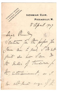 ALS on Isthmian Club, Piccadilly stationery, from Lord Devon to [Mundy], April 8, 1907