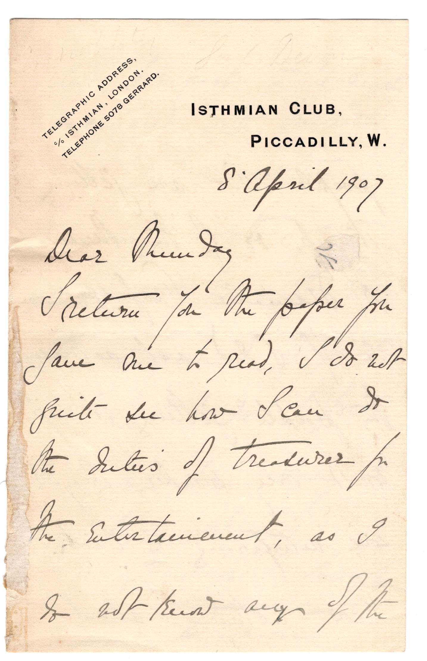 ALS on Isthmian Club, Piccadilly stationery, from