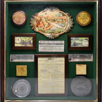 Shadow Box of English angling ephemera including Erolene and Hardy line containers, Lerder metal box, label for Hardy "Deluxe" Fly Rods, 1895 Rule of Angling on the River Dee, etc.