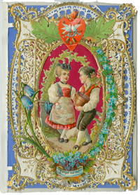 Lace Paper with Purple Background and Red Satin Cartouche with Courting Couple in Garden Scene