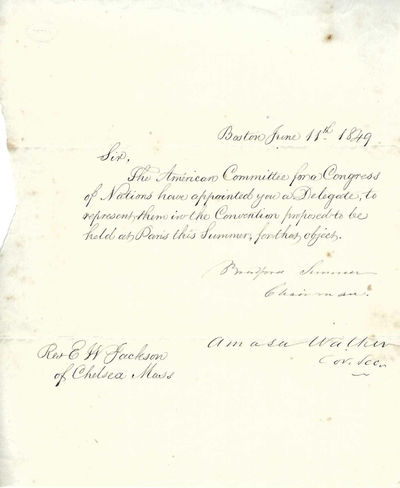 Autograph Letter Signed by Bradford Sumner as chairman, and Amasa Walker as corresponding secretary, American Committee for a Congress of Nations, Boston, June 11, 1849, to Rev. E. W. Jackson, Chelsea, Massachusetts