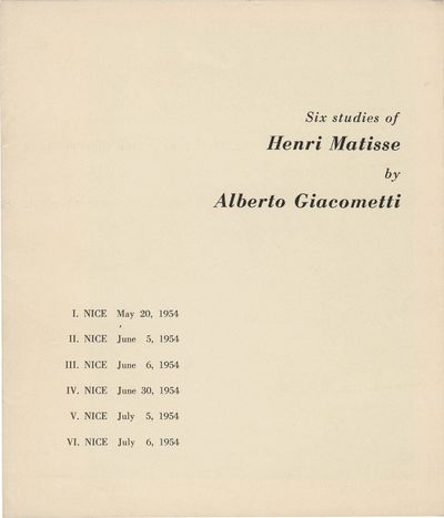 Six studies of Henri Matisse by Alberto Giacometti (Original catalog for the 1955 exhibition)