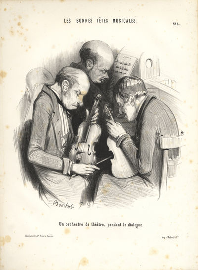 Les Bonnes Têtes Musicales. No. 8. Un orchestre de théâtre, pendant le dialogue. A humorous print depicting three theatre musicians (two violinists and one keyboard player) apparently asleep on the job. Lithograph by Fréderic Bouchot (1798-1850)