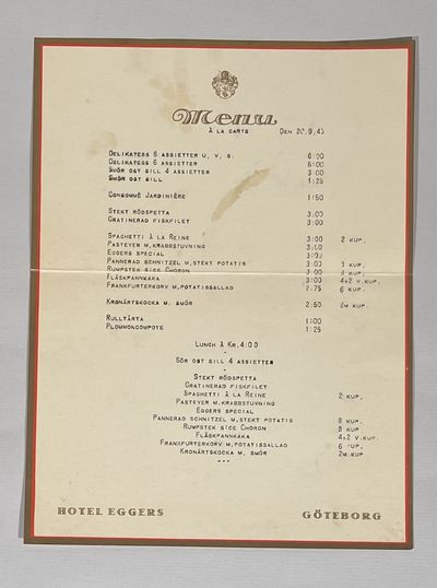[Meny] Hotel Eggers Göteborg. Den 20.9.45.