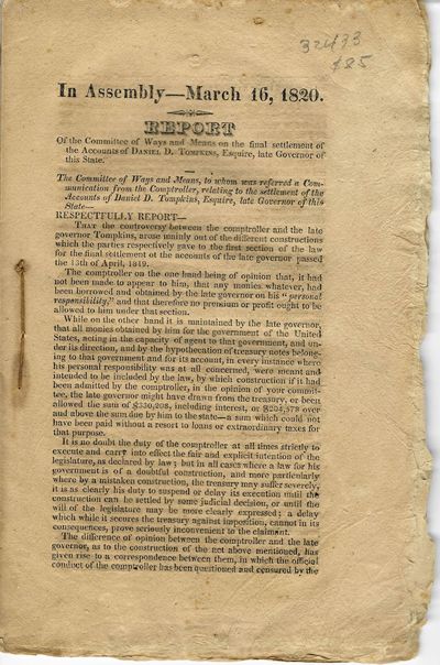 IN ASSEMBLY- MARCH 16, 1820. REPORT OF THE COMMITTEE OF WAYS AND MEANS ON THE FINAL SETTLEMENT OF THE ACCOUNTS OF DANIEL D. TOMPKINS, LATE GOVERNOR OF THIS STATE