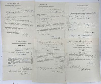 Six bankruptcy filings, being partly printed documents from the United States District Court for the Eastern District of Louisiana, each completed in manuscript and signed by a clerk of court, 28 March - 7 July, 1842