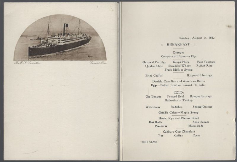 BREAKFAST MENU RMS CARINTHIA, AUGUST 14, 1932 THIRD CLASS