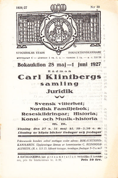 Bokauktion den 28 maj - 1 juni 1927. Rådman Carl…