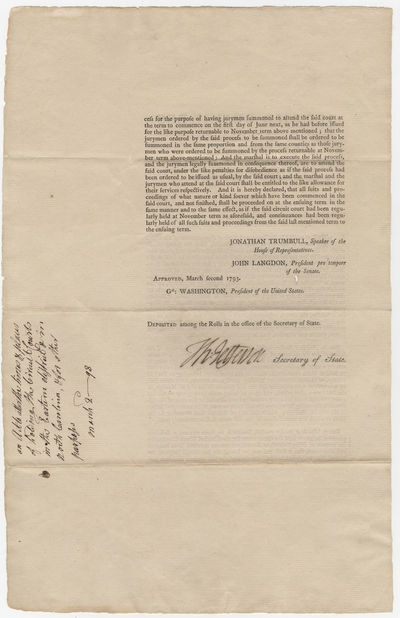Declaration of Independence Signer Samuel Huntington's Copy of an  Act of Congress Signed by Thomas Jefferson