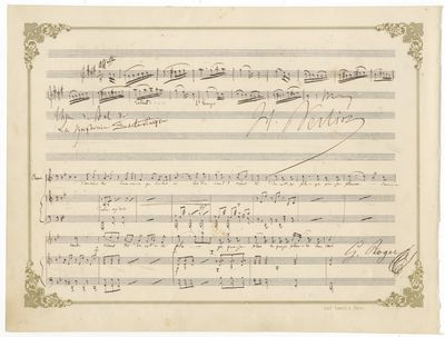 Autograph musical quotation from the composer's masterpiece, the Symphonie Fantastique. Signed. Together with quotations by Roger, Adam, and Halévy