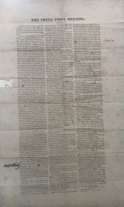 THE SHELL POINT MEETING. / In pursuance of public notice, a very large / meeting of the citizens of Shell Point took / place on the 19th inst. To express themselves / upon the question which has created such uni- / versal excitement throughout the slave holding / States. / … [followed by a long printed text in three columns]. Signed at the end in type “N.W. Walker, Chair’n. / Wm. C. Campbell, Josh Gavin, Secretaries.”