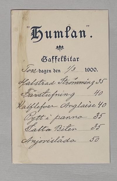 [Meny] ”Humlan”. Gaffelbitar torsdagen den 1/3…