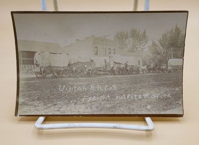 Uintah R.R. Co's. Freight outfits & office [Postcard] [Mormon Freight Train] [Vernal, Utah]