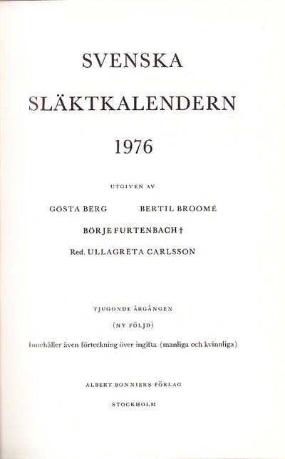 Svenska släktkalendern 1976. Utg. av Gösta Berg,…