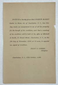 NOTICE IS HEREBY GIVEN THAT JOSEPH MARKS DEALER IN SHOES, ETC, OF CHARLESTON, S.C., HAS THIS DAY MADE AN ASSIGNMENT TO ME OF ALL HIS PROPERTY FOR THE BENEFITS OF HIS CREDITORS, AND THAT A MEETING OF HIS CREDITORS WILL BE HELD AT THE OFFICE OF MITCHELL & SMITH, 31 BROAD STREET, CHARLESTON, S.C., ON THE 5TH DAY OF NOVEMBER, 1896 AT 12 NOON, TO APPOINT AN AGENT OF CREDITORS. ISAAC S. COHEN, ASSIGNEE. CHARLESTON, S.C., 27TH OCTOBER, 1896