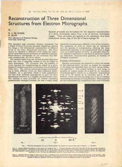 Optical filtering of electron micrographs + Reconstruction of three dimensional structures from electron micrographs