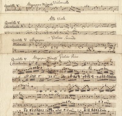 Quartetto V Concertante à Violino Primo Violino Secondo Alto Viola et Basso. [Op. 4]. [Set of parts]. [Copyist manuscript]