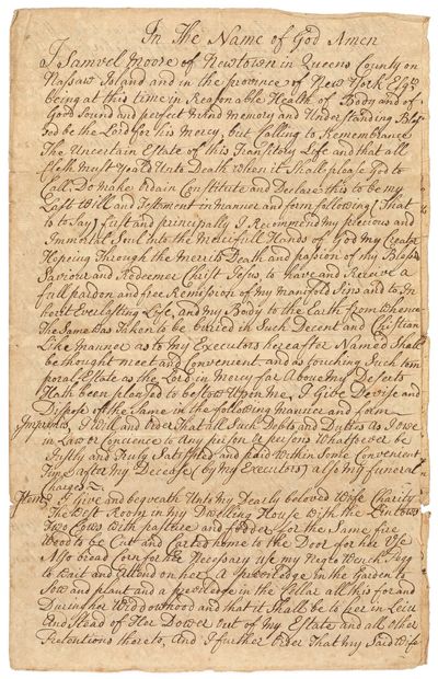 Newtown, Queens, 1752. Unbound. Very Good. Manuscript Will. Bifolium (8 ¼” x 13”). Neatly writt...