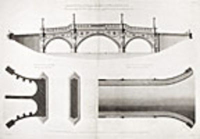Geometrical elevation of a Bridge to be built over the River in the Garden at Sion... Plan of the Foundations of the Bridge... Plan of the Carriage and Footways of the Bridge