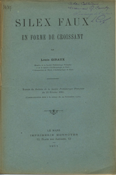 Le Mans, France: Imprimerie Monnoyer, 1911. Offprint. Paper wrappers. A very good copy with notation...