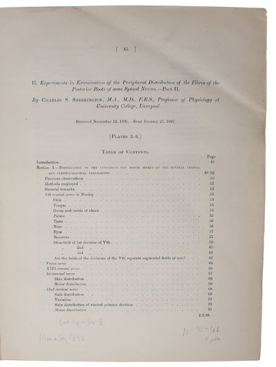 Experiments in Examination of the Peripheral Distribution of the Fibres of the Posterior Roots of some Spinal Nerves. Received December 2, - Read December 8, 1892. Abbreviated March 2, 1893. (Part I) (+) Experiments in Examination of the Peripheral Di... - [INTRODUCING THE FUNDAMENTAL TERMS AND CONCEPTS OF NEUROSCIENCE] (photo 2)
