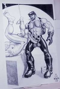 Poster of Leatherman/Biker in Chaps fisting a bound nude man with can of Crisco at feet #1/10 by The Hun [Bill Schmeling] - 1981