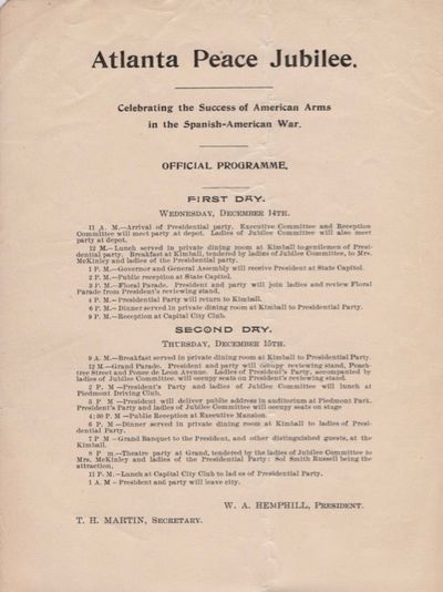 : Atlanta Peace Jubilee, 1898. First Edition. Broadside. Very good. Broadside. Approx. 8