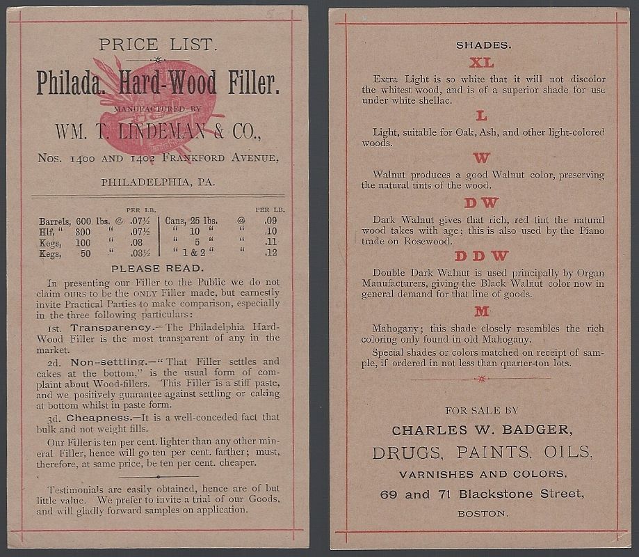 PRICE LIST VICTORIAN TRADE CARD FOR PHILADELPHIA HARD WOOD FILLER