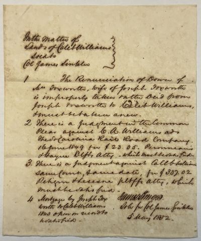 , pp. Ink manuscript on first page only, signed at end by James Simons. A title report concerning en...