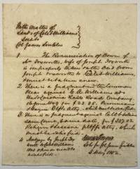 MANUSCRIPT COURT DOCUMENT: IN THE MATTER OF LANDS OF CALEB WILLIAMS SOLD TO COL. JAMES SINKLER. 1. THE RENUNCIATION OF DOWER OF MRS. FOXWORTH, WIFE OF JOSEPH FOXWORTH IS IMPROPERLY TAKEN ON THE DEED FROM JOSEPH FOXWORTH TO CALEB WILLIAMS, MUST BE TAKEN ANEW. 2. THERE IS A JUDGMENT IN THE COMMON PLEAS AGAINST C.A. WILLIAMS ADV THE SO. CAROLINA RAIL ROAD COMPANY - 16 JUNE 1849 FOR $23.35. PERONNEAU'S & HAYNE DEFTS ATTY WHICH MUST BE SATISFIED 3. THERE IS A JUDGMENT AGAINST CALEB WILLIAMS SAME COURT, SAME DATE, FOR $337.02 PETIGRU & LESESNE PLTFFS ATTY, WHICH MUST BE SATISFIED 4. MORTGAGES BY JOSEPH FOXWORTH TO CALEB WILLIAMS 1843 OPEN ON RECORD TO BE SATISFIED. / [signed] JAMES SIMONS FOR COL. JAMES SINKLER. 5 MAY 1852