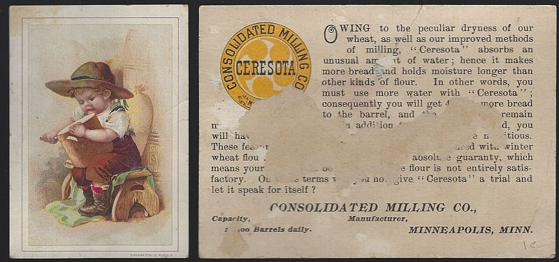 VICTORIAN TRADE CARD FOR CERESOTA FLOUR WITH LITTLE BOY AND LOAF OF BREAD