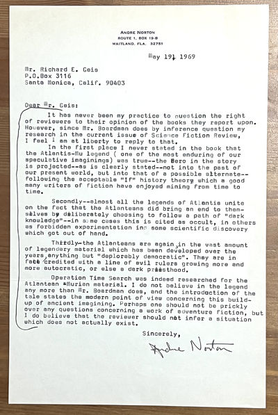 Maitland, Florida, 1969. Like New. Signed. Single sheet on Andre Norton's letterhead, addressed to R...