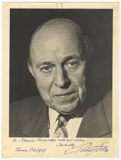 Attractive bust-length photograph of the Austrian composer and conductor in jacket and tie, signed in full, inscribed in dark blue ink to Alexius Fernandes, and dated Vienna, October 1957