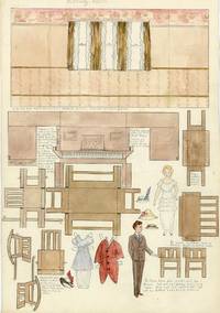 Original Art - 4 Dollhouse Rooms, Furniture and Paper Doll Occupants - Dining-Room, Sitting-Room, The Nursery and Bedroom - Arts & Craft Influence