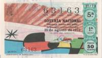 Loteria E00201: hoja nº 16. Loteria Nacional. Nº 63163, serie 1ª, fracción 5ª, precio 50 pesetas, sorteo 27/73 del 25de Agosto de 1973. Aeropuerto de Barcelona